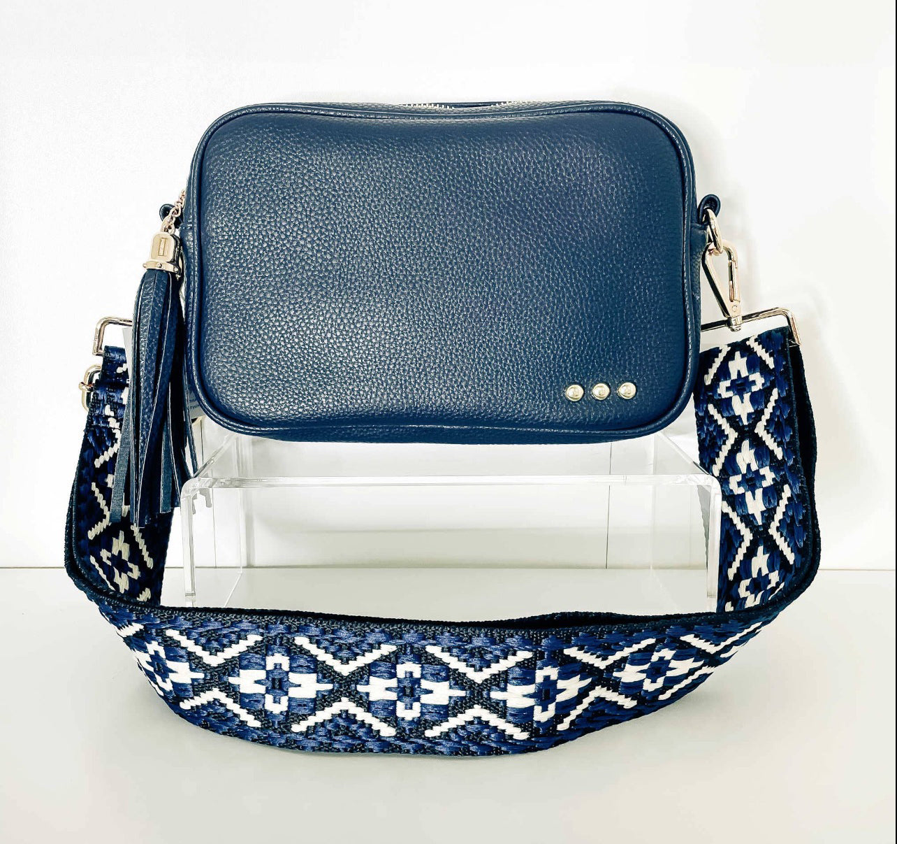 Navy Blue Leather Cross-Body on sale Camera Bag